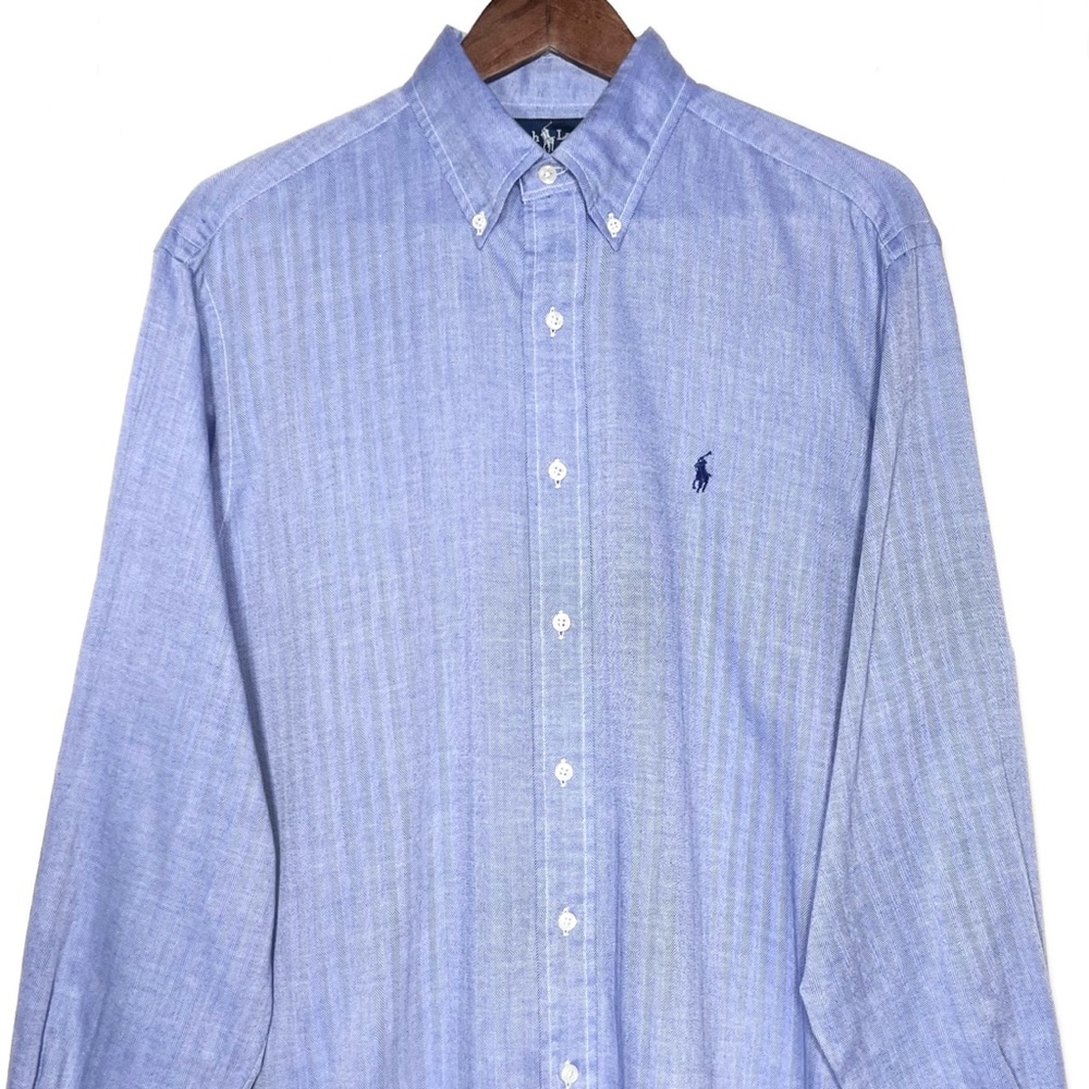 Polo Mens Blue Herringbone Striped Long Sleeve Buttondown Shirt - Picture 2 of 11